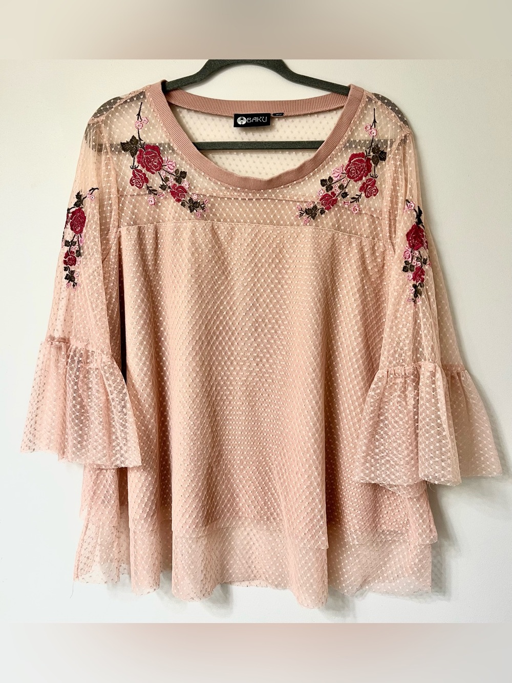 Sharu Blush Pink Embroidered Mesh Ruffle Sleeve Tunic